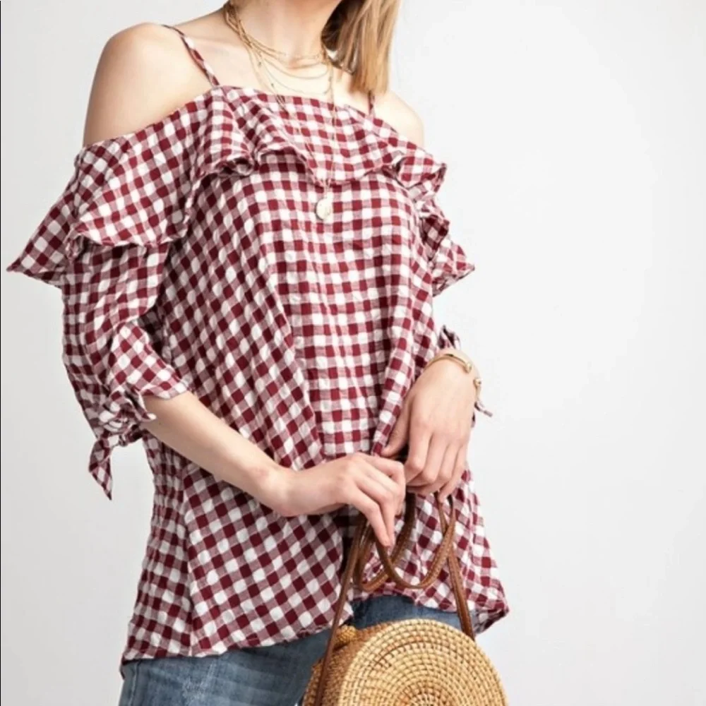Gingham Ruffle Blouse Top - Picture 2 of 10